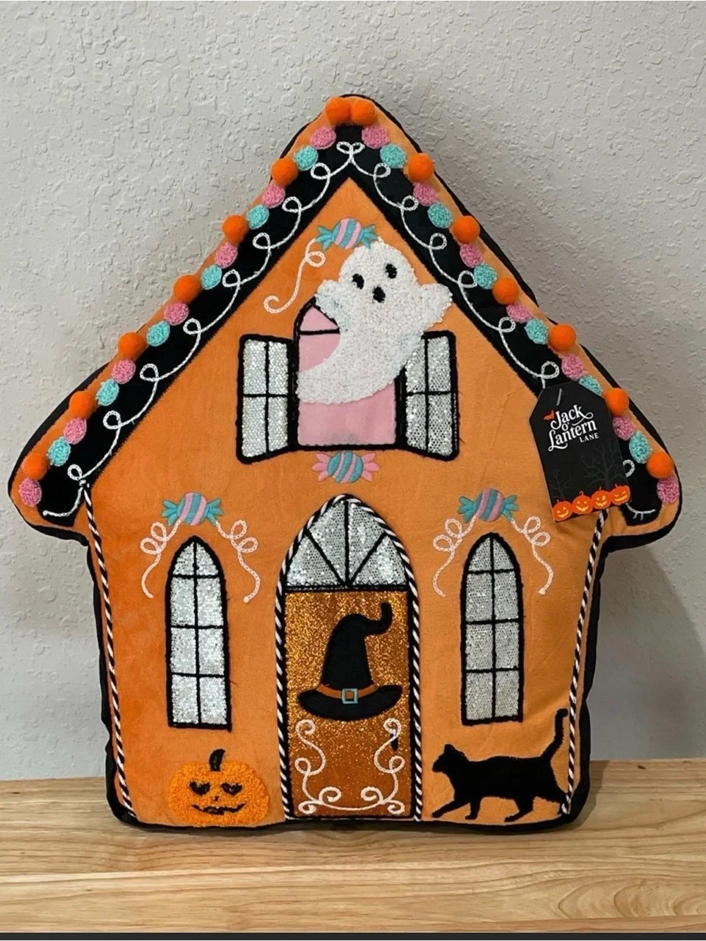 Orange Halloween Haunted House Pillow